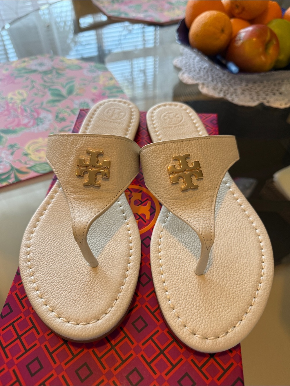 Tory Burch Ivory Leather Miller Thong Sandals with Gold Logo